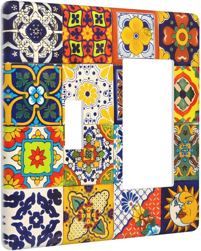 Decorative Outlet Covers Vintage Traditional Colorful Mexican Talavera Tiles Style 2-Gang Combo Light Switch Cover Plate Single Toggle/Rocker Wall Plate Plug Switch Plate Covers Bedroom Decor - Image 2
