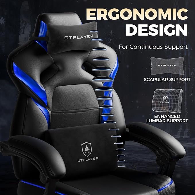 GTPLAYER Big and Tall Gaming Chair for Adults, Ergonomic Office Chair with Footrest, Heavy Duty 350 lbs Capacity, High Back, Premium Leather & Iridescent Trim, ACE-Armor, Black & Blue - Image 7