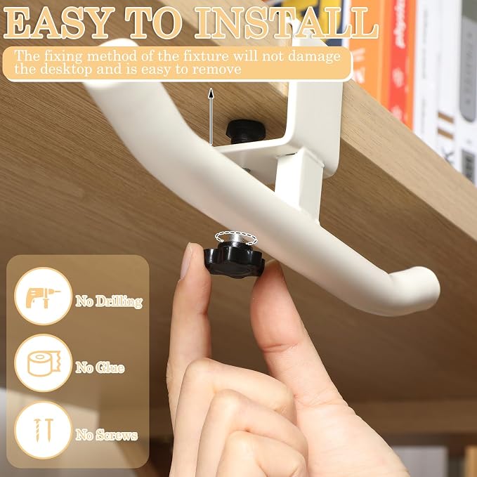 Geelin Bag Hook for Desk Table Heavy-Duty Backpack Hanger Clamp On Purse Holder Adjustable Under Desk Bag Hook for Headphones Handbag Hanger for Classroom Dorm Back to School (White) - Image 3