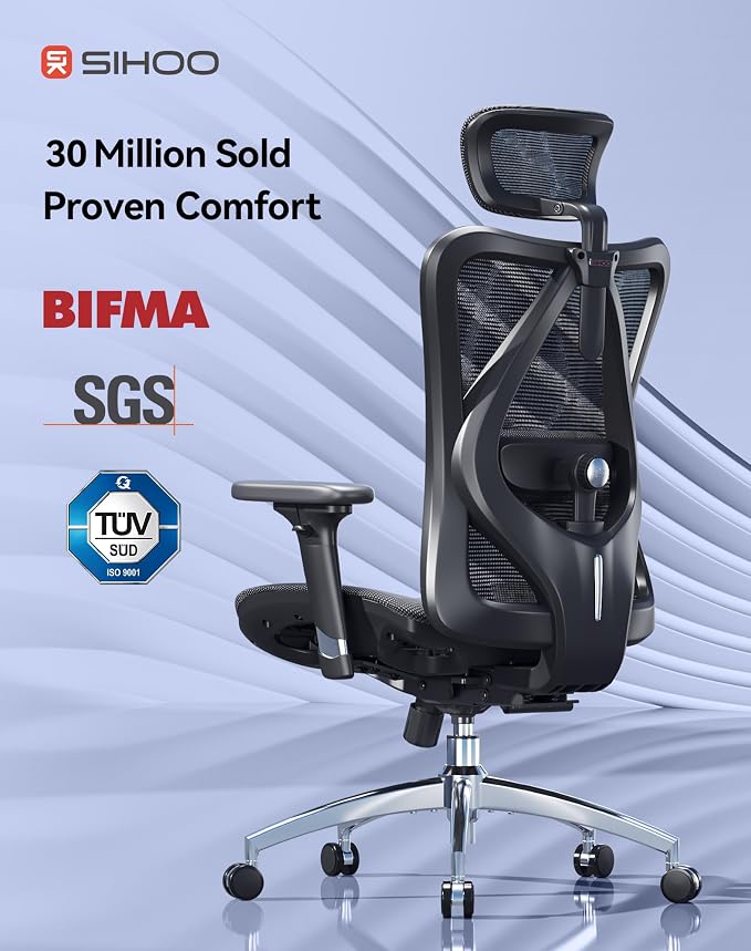 SIHOO M57 Ergonomic Mesh Office Chair, High Back Home Desk Chair with 3D Armrests, Lumbar Support and Adjustable Headrest, Comfortable Computer Chair, Big & Tall Office Chair Hold 330 LBS-Ebony - Image 6