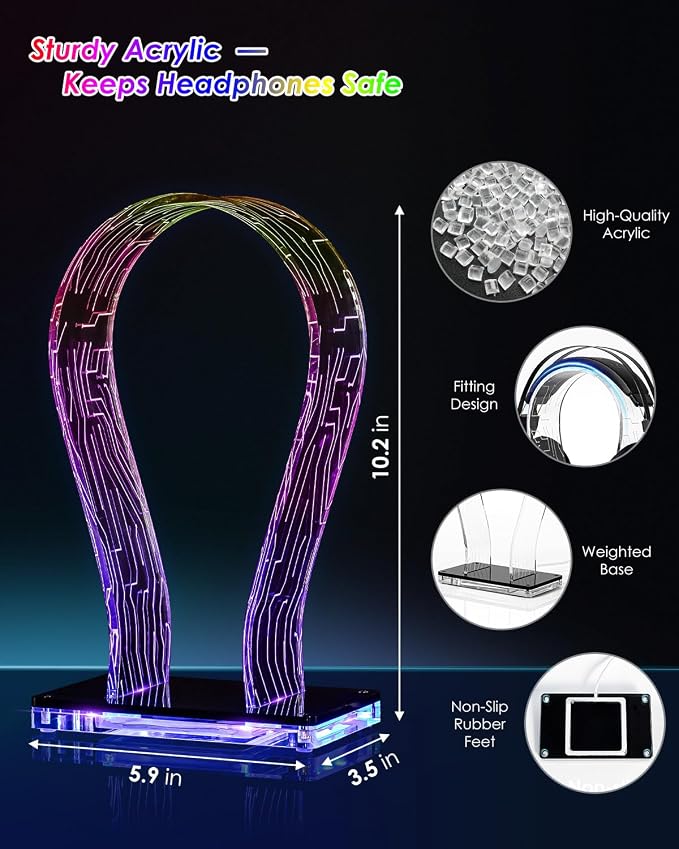 OAPRIRE Acrylic RGB Headphone Stand for Desk with Many Light Modes & Colors | Customizable 213 Lighting Modes & 60,000 Colors, with 4.8ft USB Power Cable, Universal, Sturdy, Gifts for Gamers Men - Image 7