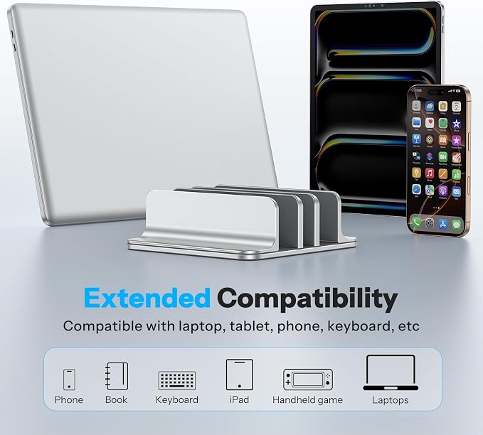 OMOTON 3-Slot Multiple Vertical Laptop Stand, Fits MacBook, Bright Silver - Image 6