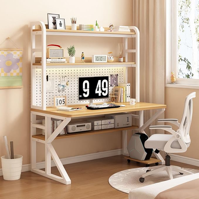 Gaming Desk with Pegboard, Industrial Gaming Desk PC Desk with Storage Shelves, Large Study Writing Workstation Table for Home Office(120x60x171cm, Walnut) - Image 4