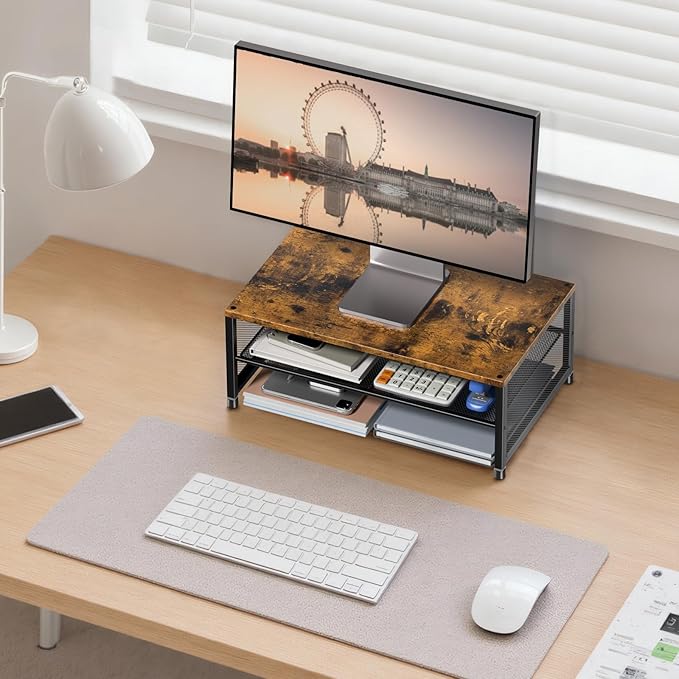 ECOLOVI 2-Tier Computer Monitor Stand Riser, Printer & Laptop Stand, Office Desk Accessories, Workspace Desk Organizer for Home Office Supplies, Brown - Image 6