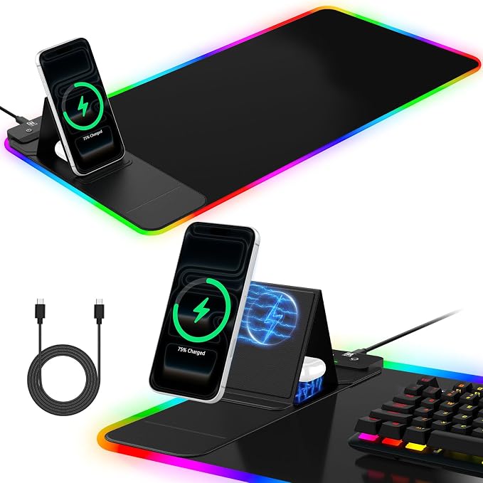 RGB Mouse Pad with Foldable Phone Stand & Wireless Charger, 31.5"x11.8" XL Gaming Mousepad Large Desk Mat, Desk Pad with Dual Charging for Phone & AirPods | 11 Colors & 5 Modes | Waterproof by miroddi