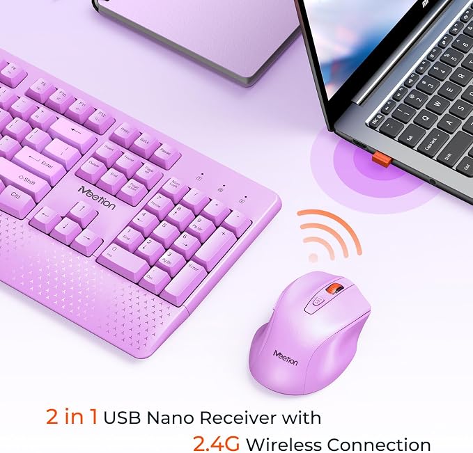 MEETION Wireless Keyboard and Mouse Combo, Full-Size with Wrist Rest Purple - Image 2