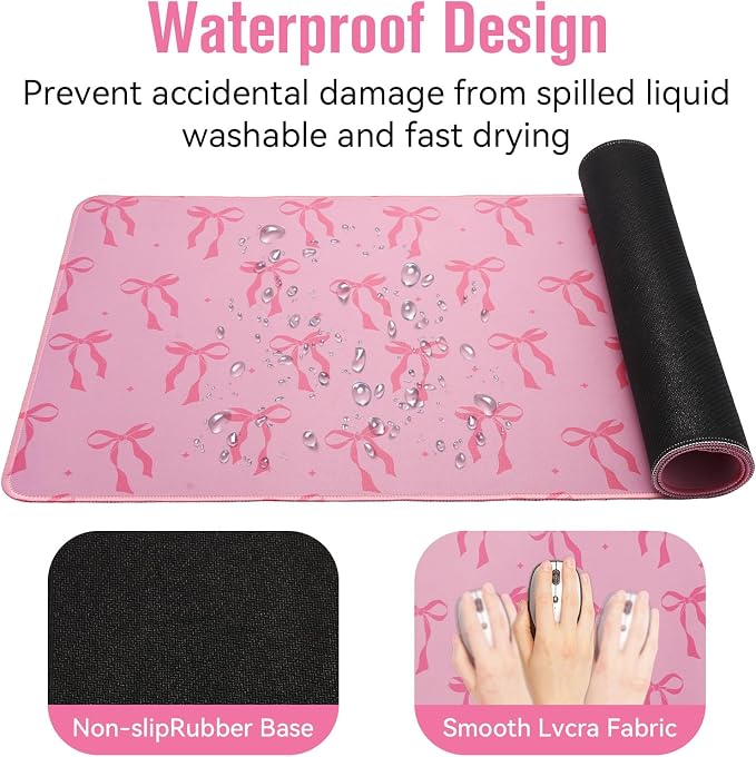 Large Gaming Mouse Pad 31.5 x 11.8in Desk Mat for Office Mousepad Anti-Skid Rubber Base Soft Comfortable and Durable Desk Pad (Pink Bow) - Image 5