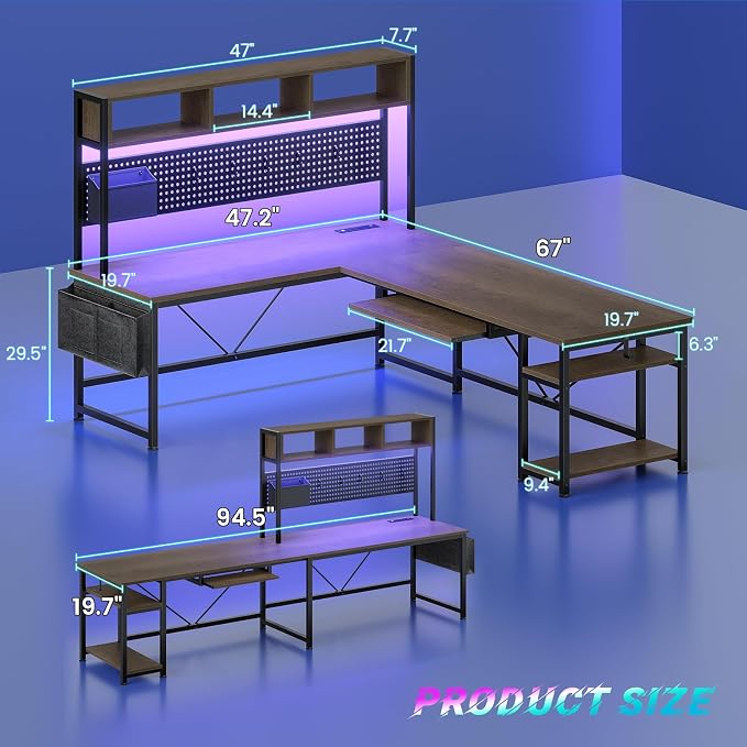 SEDETA L Shaped Gaming Desk with LED Lights and Pegboard for Home Office | Reversible 94.5" Computer Desk with Power Outlet, Keyboard Tray, Storage Shelves and Headphone Hook, Walnut Brown - Image 2