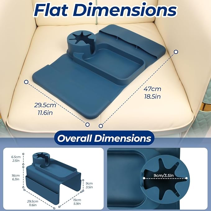Silicone Couch Caddy Cup Holder Tray, 3-Side Sofa Armrest Organizer with Secure Gear-Shaped Locking Holder & Large Tablet Slot, Non-Slip Weighted Armchair Caddy, Couch Accessories (Blue) - Image 4