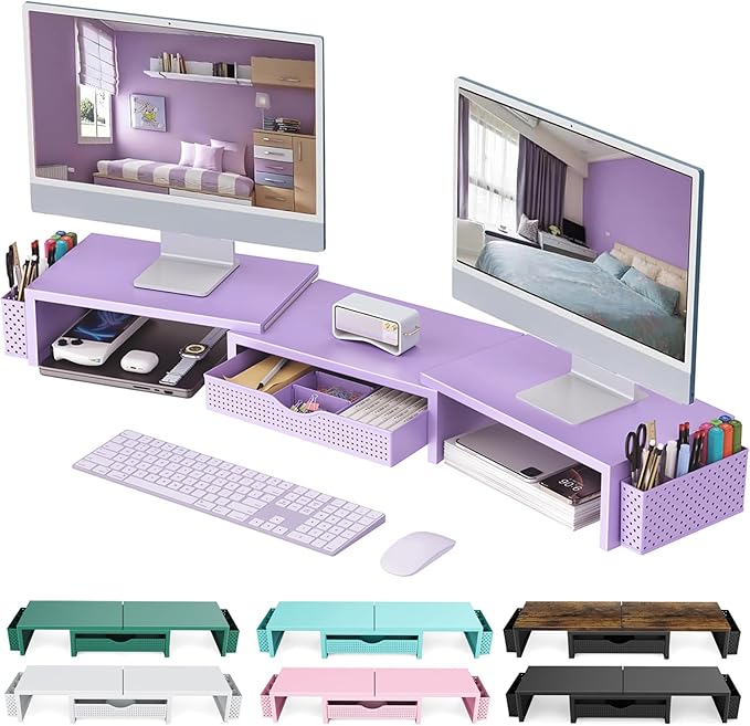 gianotter Dual Monitor Stand Riser With Drawer and 2 Pen Holders | Computer Monitor Stand Desk Organizer and Accessories Desk Shelf for Top of Desk (Purple) by gianotter