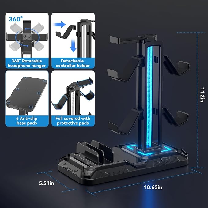 KDD Headset Stand with Charging Station - Detachable Controller Holder with 9 Light Modes - Rotatable Headphone Hanger with USB A&C Charger Ports - Earphone Hook for PC Gaming Accessories Storage - Image 6