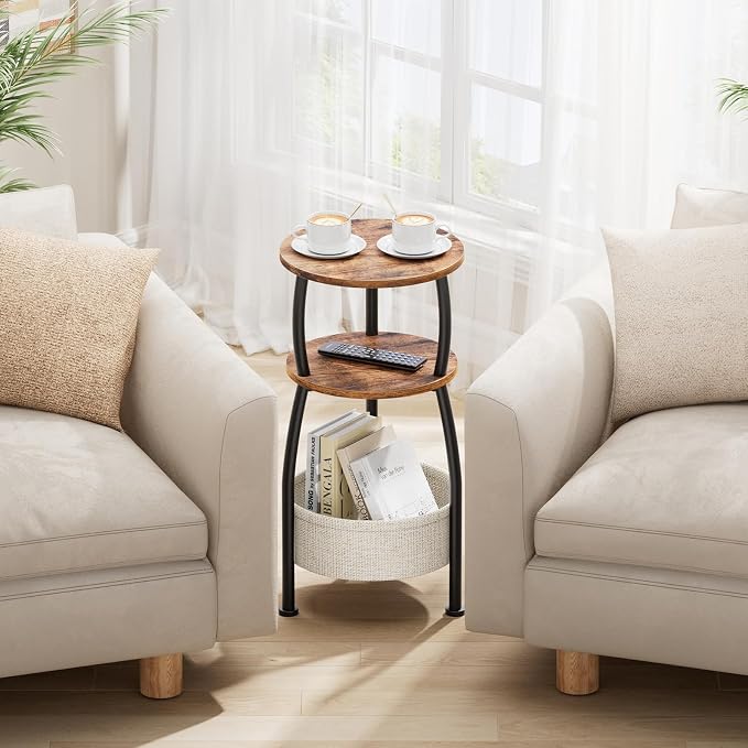 Round Side Table for Small Spaces with Storage Basket, 11.81in - Image 4