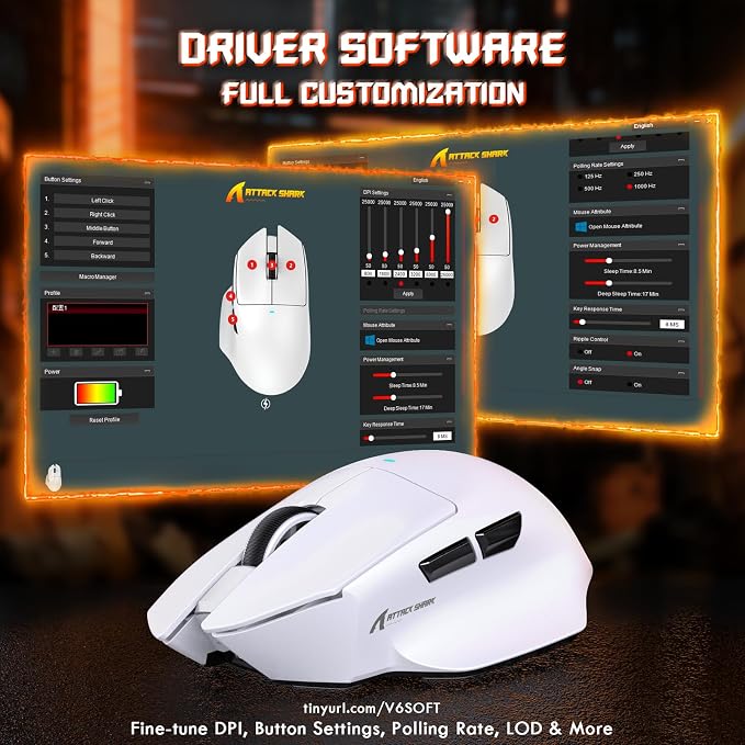ATTACK SHARK V6 65g Wireless Gaming Mouse with RGB Magnetic Charging Dock, BT/2.4G Wireless/Wired Mouse 1K Polling, PixArt PAW3311 Sensor, 25K DPI, Programmable Gamer Mice for PC/Win/Mac (White) - Image 8