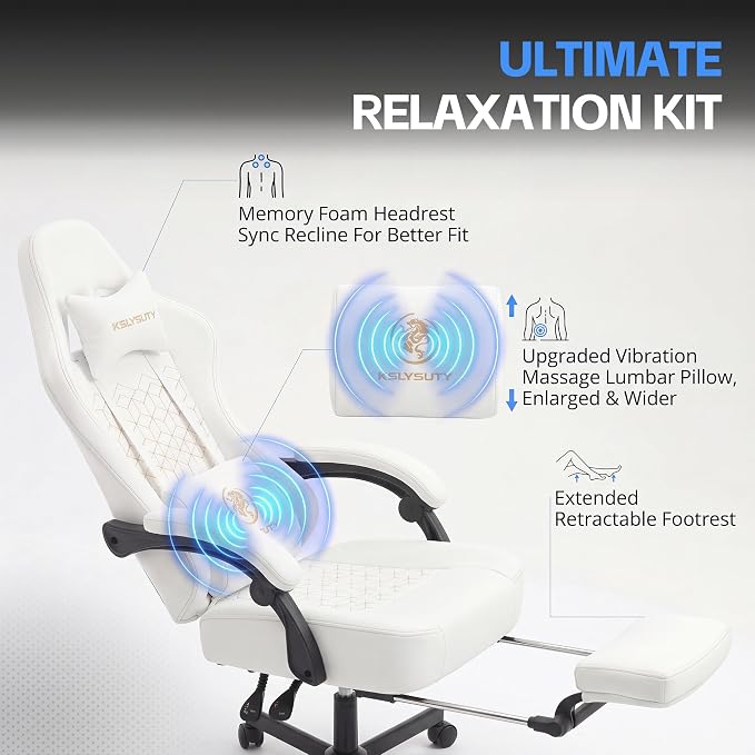 Desk Computer Gaming Chair - Ergonomic Game Office Chair with Extended Footrest and Massage Lumbar Support, Home Gamer Video Game Chairs with Spring Cushion for Adults (Pro White Leather) - Image 3
