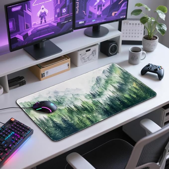 Misty Forest Mountain Gaming Mouse Pad Desk Mat 31.5"x15.7" | Extended Mousepad, Non-Slip Rubber Base , Stitched Edges, for Computer/Laptop/Office/Home - Image 7