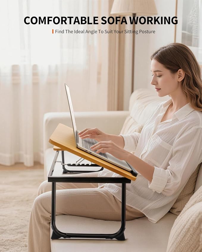 FISYOD Foldable Laptop Desk for Bed Couch, Adjustable Split Lap Desk with Cup Holder, Portable Lightweight Bed Table Tray, Heavy-Duty Laptop Stand for Working, Writing, Reading and Eating - Oak - Image 5