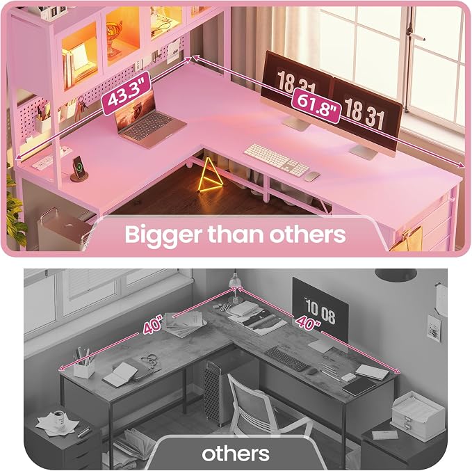 SEDETA L Shaped Gaming Corner Desk with Drawers, Hutch and Storage Shelves | Reversible L Shaped Computer Desk, Gaming Desk with Pegboard, Led Lights, and Power Outlet for Home Office, Small Space, Pink - Image 4