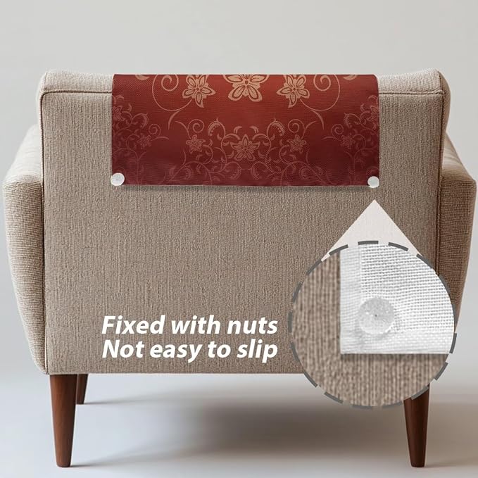 Classical Floral Print Red Small Recliner Headrest Cover 26x16 Inch 3/Set - Waterproof Washable Polyester Fabric, Sofa Non-Slip Design with Fixing Fixing Nails for Home/Office - Image 5