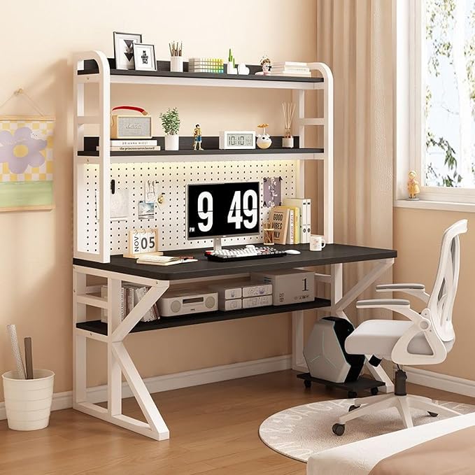 Gaming Desk with Pegboard, Industrial Gaming Desk PC Desk with Storage Shelves, Large Study Writing Workstation Table for Home Office(120x60x171cm, Black) by Unknown