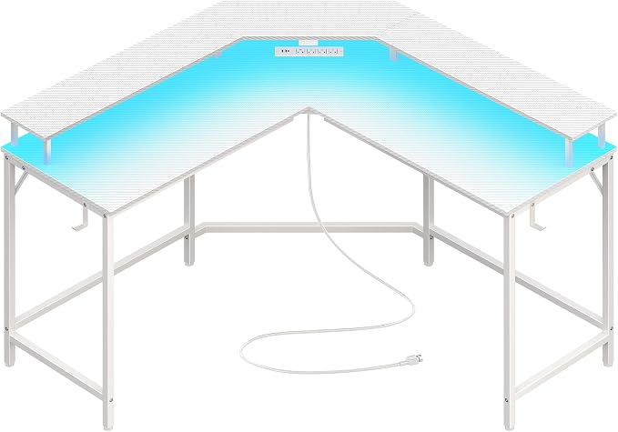 Huuger L Shaped Gaming Desk with Power Outlets & LED Lights, Computer Desk with Monitor Shelves, Carbon Fiber Surface, Home Office Desk, Corner Gaming Desk with Hooks, Carbon Fiber White by Huuger