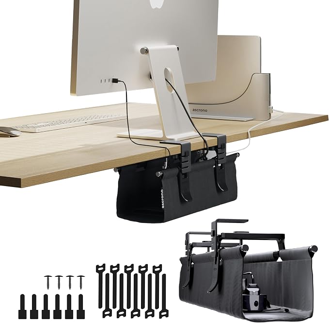 Ascrono Original No Drill Under Desk Cable Management Tray 14.1" - Premium Black Fabric Cable Management Under Desk - Clamp/Screw Mount Cord Organizer - Supports Upto 66lbs by Ascrono