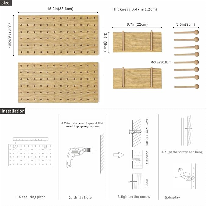 Wooden Pegboard Modular Display Organization Storage Wall Hooks Shelf(Color:Oak) - Image 7