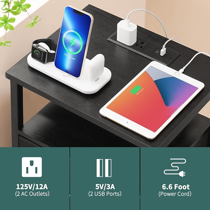 Yoobure Night Stand with Charging Station, LED White Nightstand for Dorm - Image 6