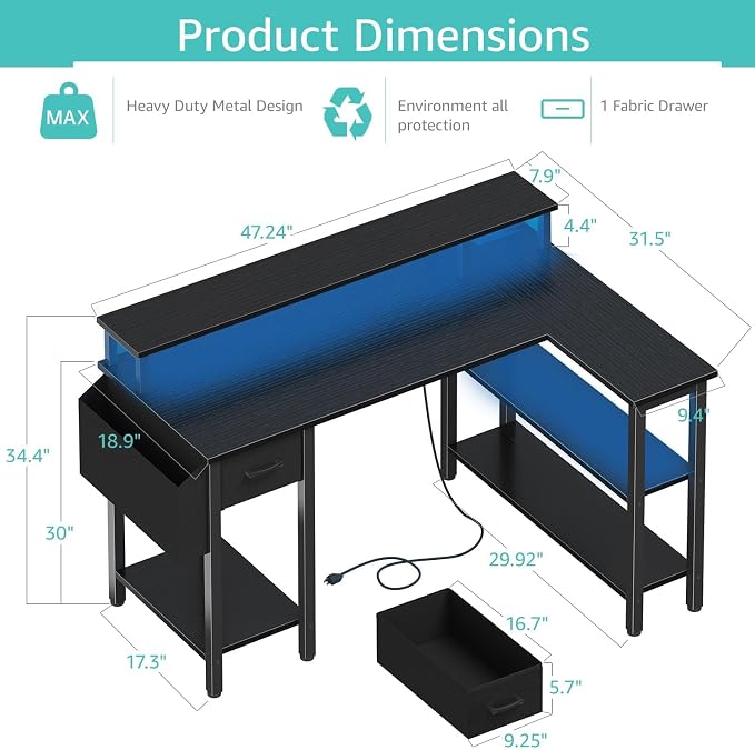 Lufeiya L Shaped Gaming Desk with Storage Shelves, 47 inch Home Office Desk with Monitor Stand, Computer Desk with LED Lights,Power Outlets and Fabric Drawers, Black - Image 3