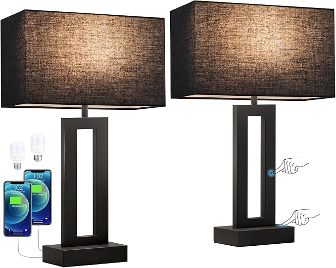 Seealle Nightstand Table Lamps for Bedrooms Set of 2 - Touch Bedside Lamp with USB C+A, 3 Way Dimmable Living Room End Tables 2, Modern Night Stand Bed Side Guest Room(Black) E. Black - Image 7