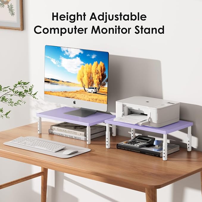 ECOLOVI Adjustable Wood Computer Monitor Stand Riser, Office Desk Organizer and Accessories for Monitor, Laptop, PC, Printer, Office Desk Accessories Workspace Organizer for Home Office Supplies, Purple - Image 6