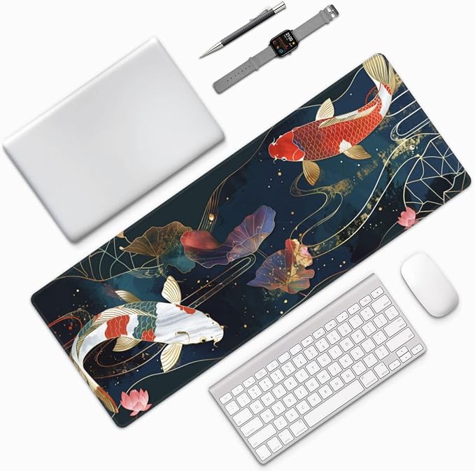 Gaming Mouse Pad Desk Pad,Extended Big Mouse Pad,31.5x11.8 Inch Long Computer Keyboard Mouse Mat Mousepad with 3mm Non-Slip Base and Stitched Edge for Gaming and Office… (koi) - Image 9