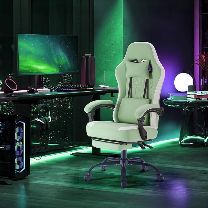 Sweetcrispy Gaming Chair, Ergonomic Computer Desk Chair, Lumbar Support | High Back Ergonomic Footrest, Height Adjustable Linkage Armrests Headrest, 360 Swivel Wheels Fabric, Green - Image 8