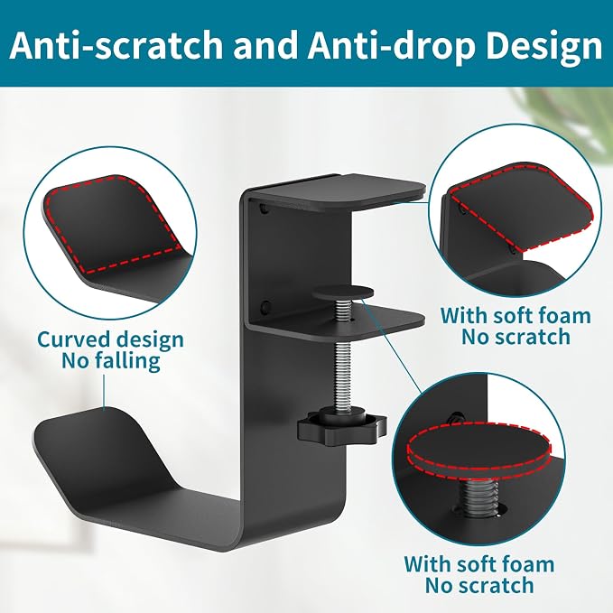 tiebutie Clamp-On Under Desk Headphone Holder/Backpack Hook/PC Gaming Headset Headphone Hanger Mount, Provides a Convenient Place to Hang Headsets or Bags - Image 3