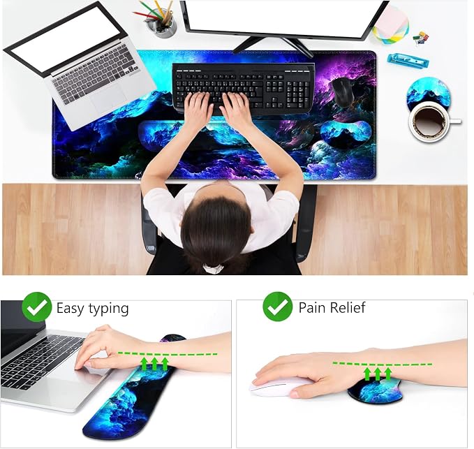 AIMSA Keyboard Mouse Pad Wrist Rest Set, Extended Desk Mat+ Ergonomic Mouse Pad with Wrist Rest+ Keyboard Wrist Support+ Coaster, 35x15.7in Large Mousepad for Home Office, Nebula Galaxy - Image 3