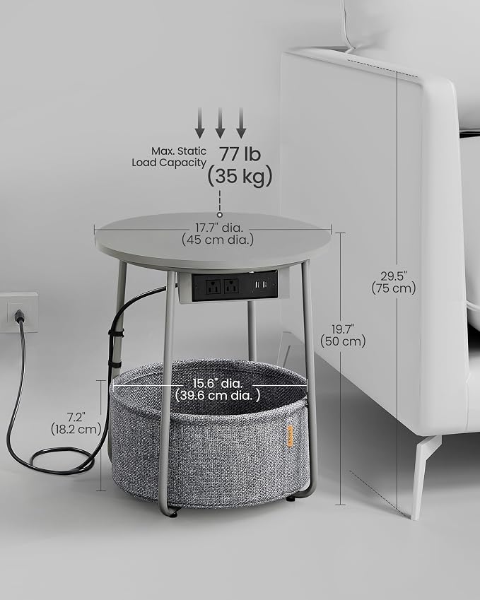 VASAGLE Side Table with Charging Station,Fabric Basket, Round End Table - Image 2