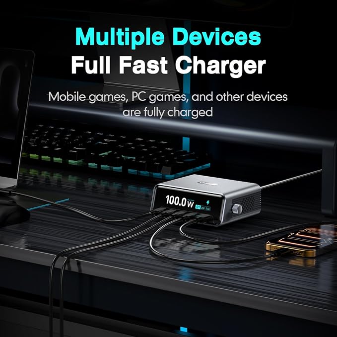 Desktop Charging Station, 100W 5-Port GaN Fast USB C Charger with LCD Smart Display & Control Knob, Gaming Desk Charger for Multiple Devices, Compatible with MacBook, iPhone, iPad, Galaxy, Home Office - Image 3