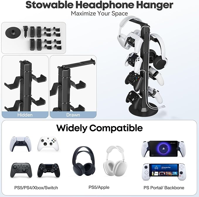 Controller & Headset Holder Stand for Desk, with Charger Cable Organizer Headphone Stand for PS5/ Xbox/ PS4/ Switch, Metal Base Controller Hanger Hook for Storage Earphones, Game Console, Mobile Phone - Image 4