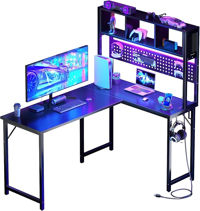 Small Black L Shaped Gaming Desk with Hutch , 47 Inch Corner Gaming Desk with Storage Shelves for Bedroom Small Space, Reversible L-Shaped Computer PC Desks with Pegboard LED Light for Kids Boys Girls - Image 7