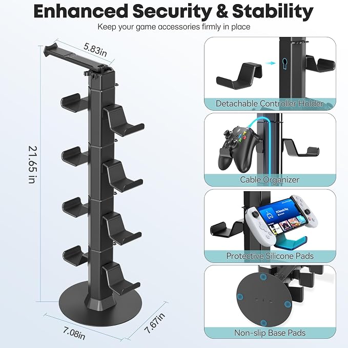 Controller & Headset Holder Stand for Desk, with Charger Cable Organizer Headphone Stand for PS5/ Xbox/ PS4/ Switch, Metal Base Controller Hanger Hook for Storage Earphones, Game Console, Mobile Phone - Image 3