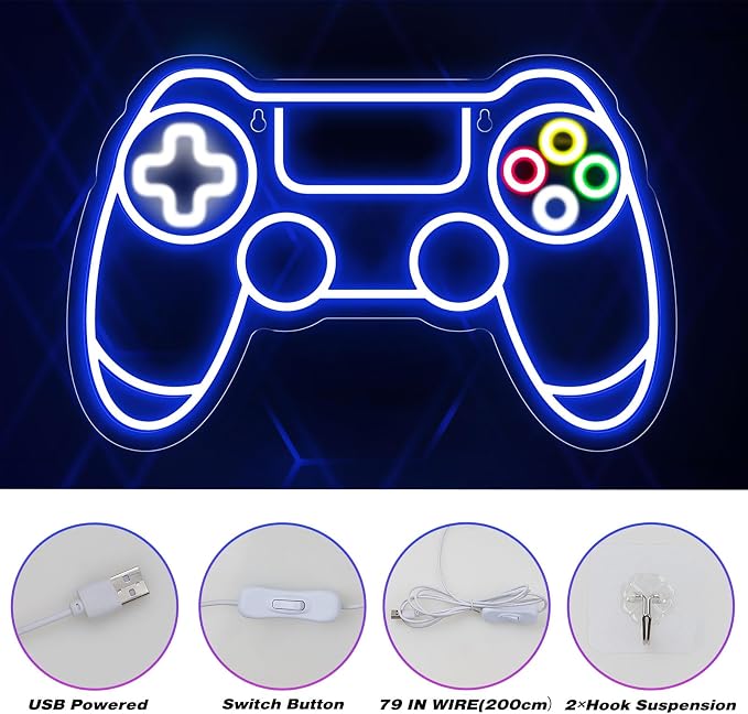 Gamer Neon Sign, Gamepad Shaped LED Neon Sign for Gamer Room Decor, Gaming Neon Sign for Boys Room Decor, Neon Gaming Sign for Gaming Wall Decor, USB Powered Gamer Gifts for Teens, Boys, Kids - Image 3