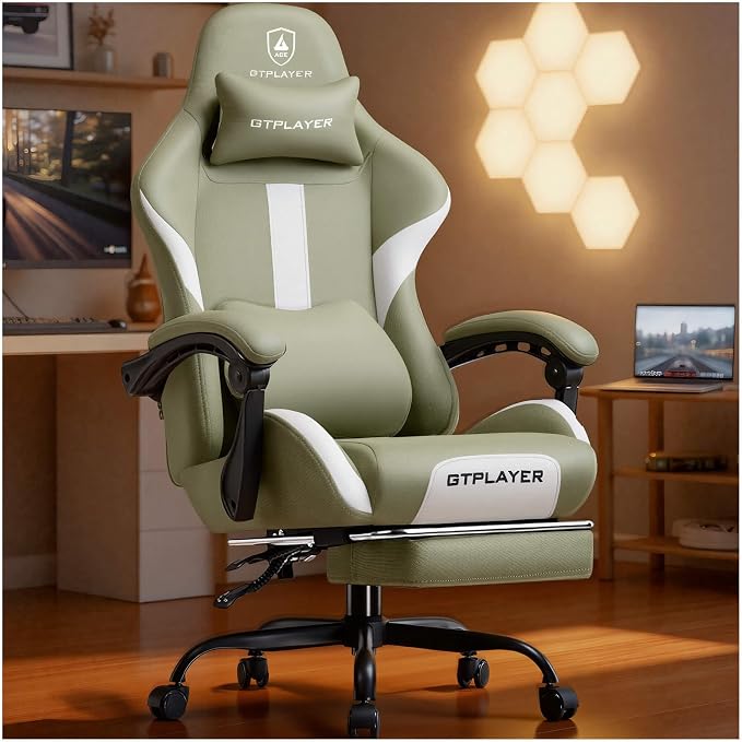 GTPLAYER Gaming Chair with Foot Rest & Pocket Spring Cushion, Ergonomic High Back Computer Desk Chair with Headrest & Lumbar Support for Back Pain Relief, Breathable Fabric, Green by GTPLAYER
