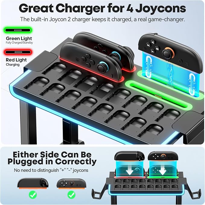 Switch 2 RGB Organizer Station with Controller Charging Dock, Switch 2 Storage Stand, Joycon 2 Charger, Gaming Accessories Holds TV Dock, 16 Game Cases, 16 Game Cards and 2 Pro Controllers - Image 2