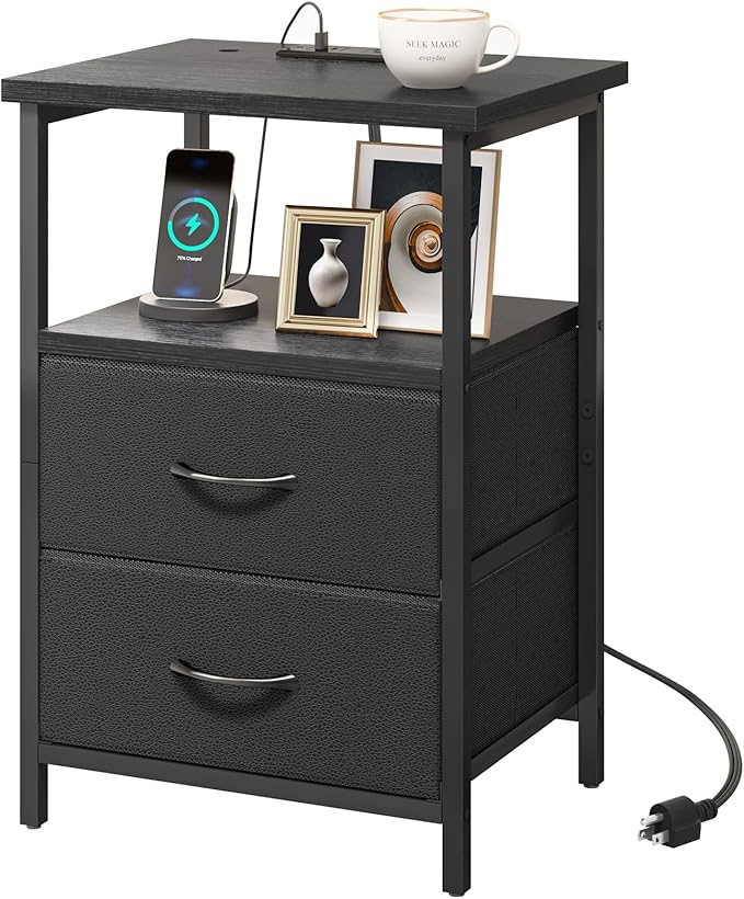 Fixwal Night Stand with Charging Station, 2 Fabric Drawers, Black by Fixwal