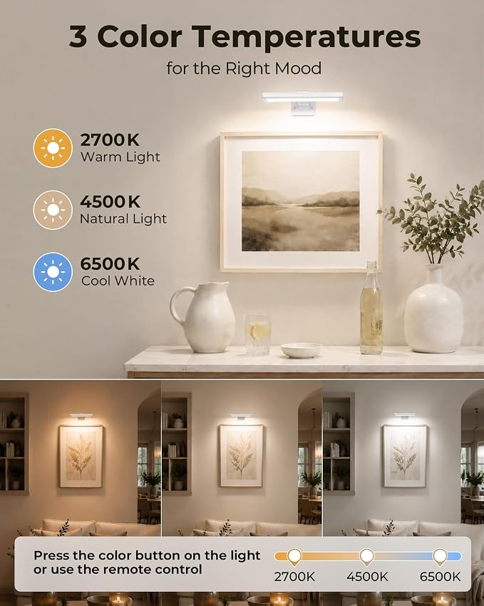 EZVALO Picture Light for Wall, Rechargeable 2400mAh Lights Wireless with IR Remote, 3 Color & Dimmable Magnetic 7.87'' LED Lights Display for Painting, Living Room, Gallery, Bedroom Art(White-2P) - Image 6