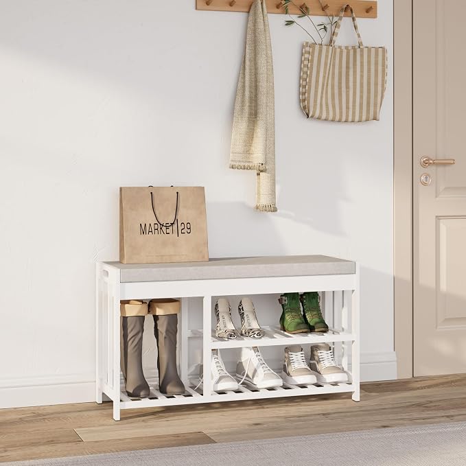Bamboo Shoe Storage Bench with Cushioned Seat 3-Tier Entryway Shoe Rack - Image 8