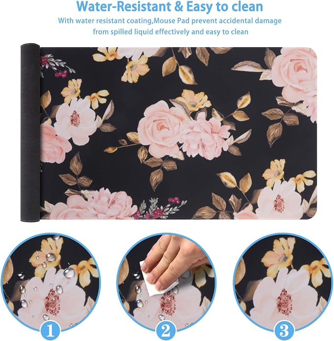iCasso Extended Gaming Mouse Pad,XXL Desk Pad,Peony | Non-Slip Rubber Base Mousepad with Stitched Edges,Waterproof Keyboard Mouse Mat Desk Pad for Work Home Office - Image 3