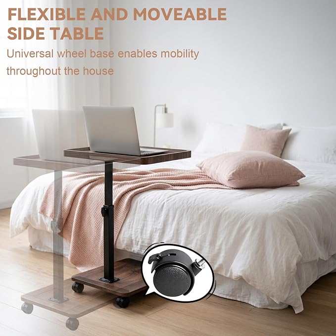 Rolling Side Table Adjustable Height, 360°Swivel C Tray Snack Table - Image 3