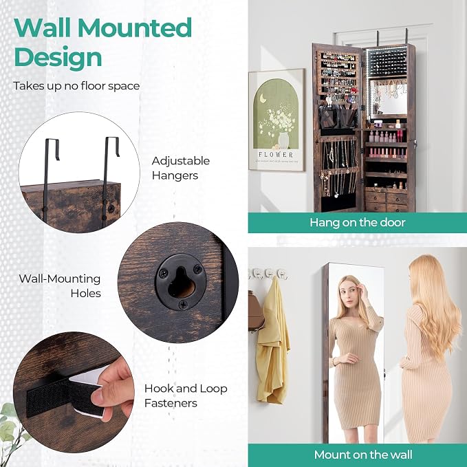 LDAILY 47” LED Jewelry Armoire, Door/Wall Mounted Mirror with Storage, 4 Shelves & Drawers, Full Length Mirror & Flip-up Makeup Tray, Lockable Jewelry Organizer Cabinet for Women & Girls(Rustic Brown) - Image 4