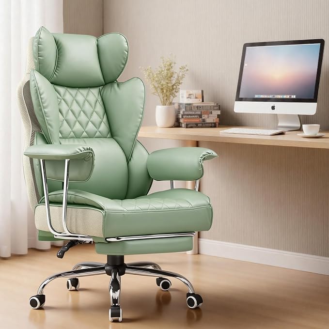 COMHOMA Big and Tall Office Chair, High Back Leather Gaming Chair with Footrest, Executive Ergonomic Office Chairs with Pocket Spring Lumbar Support and with Outward Fixed Soft Armrests - Image 2
