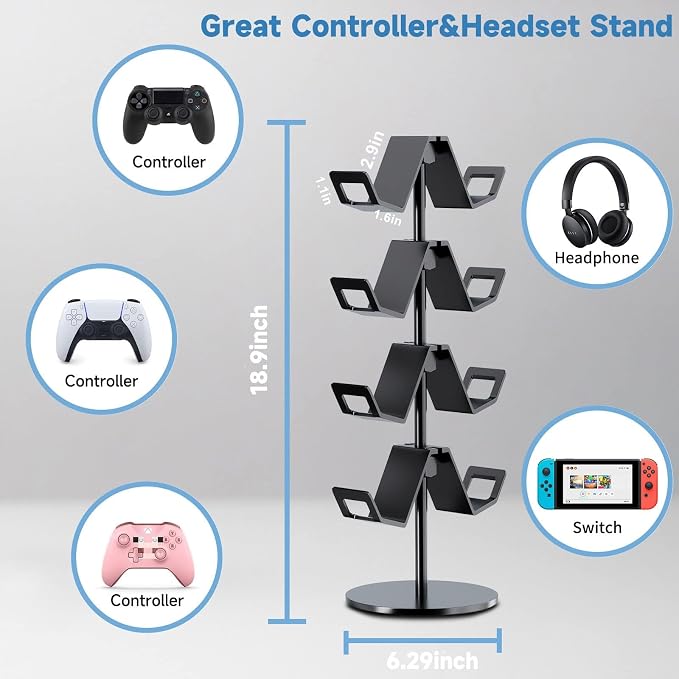 Controller Holder 4 Tier,Headphone Stand for Xbox PS5 PS4 | Classical "W" shape,Adjustable,Gamepads and headset storage,For Gamer,Black,Stable,Gaming gift - Image 3